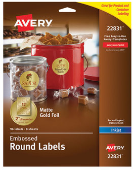 Avery® Round Labels Inkjet Printers, 2" dia, Gold, 12/Sheet, 8 Sheets/Pack