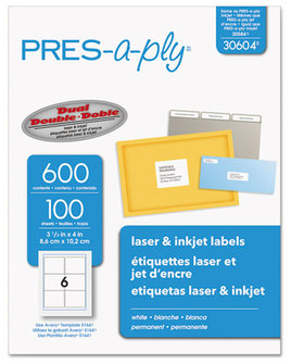 PRES-a-ply® Labels Laser Printers, 3.33 x 4, White, 6/Sheet, 100 Sheets/Box