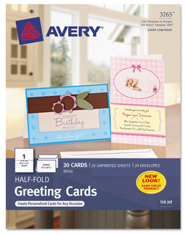 Avery® Greeting Cards with Matching Envelopes Half-Fold Inkjet, 85 lb, 5.5 x 8.5, Matte White, 1 Card/Sheet, 20 Sheets/Box