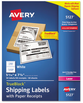 Avery® Shipping Labels with Paper Receipt & TrueBlock® Technology and Inkjet/Laser Printers, 5.06 x 7.63, White, 50/Pack