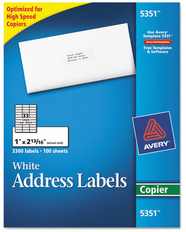 Avery® Copier Mailing Labels Copiers, 1 x 2.81, White, 33/Sheet, 100 Sheets/Box