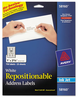 Avery® Repositionable Labels with Sure Feed® Technology Address w/SureFeed, Inkjet/Laser, 1 x 2.63, White, 750/BX