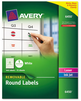 Avery® Removable Multi-Use Labels Inkjet/Laser Printers, 1" dia, White, 63/Sheet, 15 Sheets/Pack