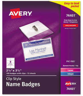Avery® Name Badge Holder Kits with Inserts Clip-Style Laser/Inkjet Insert, Top Load, 3.5 x 2.25, White, 100/Box