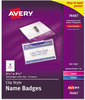 A Picture of product AVE-74461 Avery® Name Badge Holder Kits with Inserts Clip-Style Laser/Inkjet Insert, Top Load, 3.5 x 2.25, White, 100/Box
