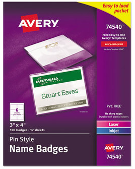 Avery® Name Badge Holder Kits with Inserts Pin-Style Laser/Inkjet Insert, Top Load, 4 x 3, White, 100/Box