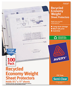 Avery® Recycled Economy Weight Clear and Semi Sheet Protector Top-Load Polypropylene Semi-Clear, 100/Box