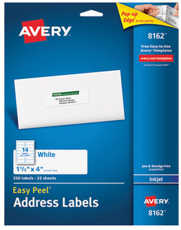 Avery® Easy Peel® White Address Labels with Sure Feed® Technology w/ Inkjet Printers, 1.33 x 4, 14/Sheet, 25 Sheets/Pack