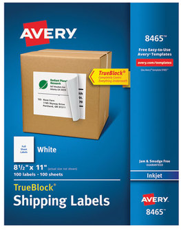 Avery® Shipping Labels with TrueBlock® Technology Inkjet Printers, 8.5 x 11, White, 100/Box