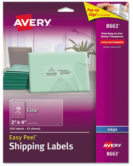 Avery® Matte Clear Easy Peel® Mailing Labels with Sure Feed® Technology w/ Inkjet Printers, 2 x 4, 10/Sheet, 25 Sheets/Pack