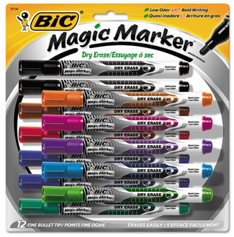 BIC® Magic Marker® Brand Low Odor AND Bold Writing Dry Erase Markers,  Bullet Tip, Assorted, 12/PK