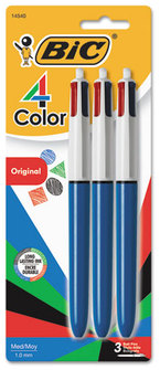 BIC® 4-Color™ Retractable Ballpoint Pen,  Assorted Ink, 1mm, Medium, 3/Pack