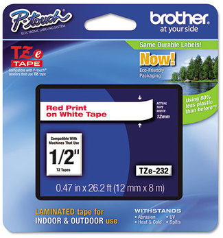 Brother P-Touch® TZe Series Standard Adhesive Laminated Labeling Tape,  1/2w, Red on White