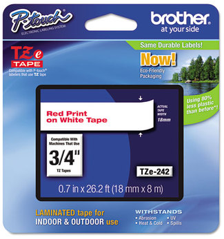 Brother P-Touch® TZe Series Standard Adhesive Laminated Labeling Tape,  3/4w, Red on White