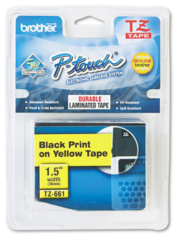 Brother P-Touch® TZe Series Standard Adhesive Laminated Labeling Tape,  1-1/2w, Black on Yellow