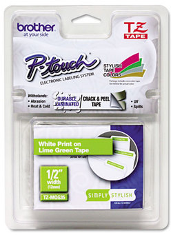 Brother P-Touch® TZe Series Standard Adhesive Laminated Labeling Tape,  1/2" x 16.4 ft., White/Lime Green