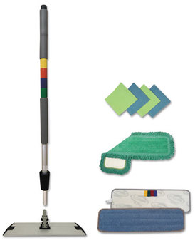 Boardwalk® Microfiber Cleaning Kit,  18" Mop Head, 35-60"Handle, Blue/Green/Gray