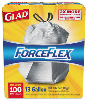 Glad® ForceFlex® Tall Kitchen Drawstring Trash Bags,  13 gal, .90mil, 24x25 1/8 White 100/Bx
