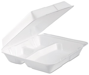 Dart® Foam Hinged Lid Containers,  3-Comp, 9.3 x 9 1/2 x 3, White, 100/Bag, 2 Bag/Carton