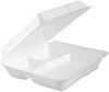 A Picture of product 217-103 Dart® Foam Hinged Lid Containers,  3-Comp, 9.3 x 9 1/2 x 3, White, 100/Bag, 2 Bag/Carton