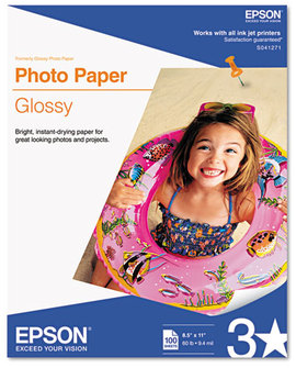 Epson® Glossy Photo Paper,  52 lbs, Glossy, 8-1/2 x 11, 100 Sheets/Pack