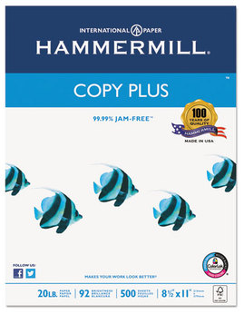 Hammermill® Copy Plus Copy Paper,  92 Brightness, 20lb, 8-1/2 x 11, White, 5000 Sheets/Carton