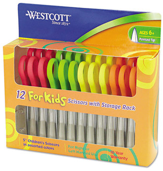Westcott® For Kids Scissors,  5" Pointed, Assorted, 12/Pack