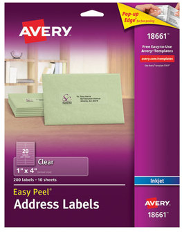 Avery® Matte Clear Easy Peel® Mailing Labels with Sure Feed® Technology w/ Inkjet Printers, 1 x 4, 20/Sheet, 10 Sheets/Pack