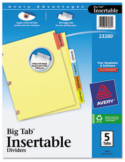 Avery® Insertable Big Tab™ Dividers 5-Tab, Single-Sided Copper Edge Reinforcing, 11 x 8.5, Buff, Assorted Tabs, 1 Set