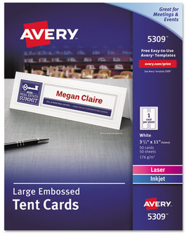 Avery® Tent Cards Large Embossed Card, White, 3.5 x 11, 1 Card/Sheet, 50 Sheets/Box