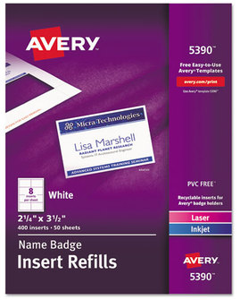 Avery® Name Badge Insert Refills Horizontal/Vertical, 2 1/4 x 3 1/2, White, 400/Box