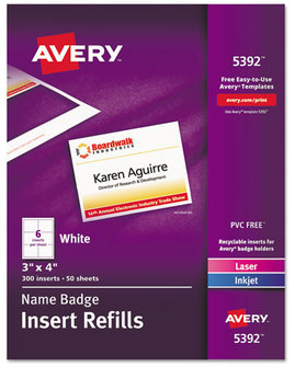 Avery® Name Badge Insert Refills Horizontal/Vertical, 3 x 4, White, 300/Box