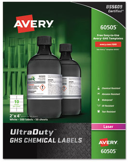 Avery® UltraDuty® GHS Chemical Waterproof & UV Resistant Labels and 2 x 4, White, 10/Sheet, 50 Sheets/Box