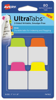 Avery® Ultra Tabs® Repositionable Mini Tabs: 1" x 1.5", 1/5-Cut, Assorted Neon Colors, 80/Pack