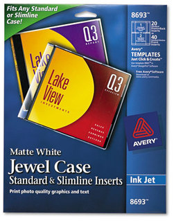 Avery® Jewel Case Inserts Inkjet CD/DVD Matte White, 20/Pack