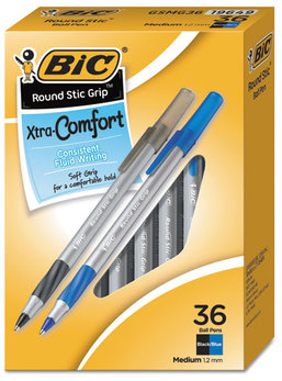 BIC® Round Stic Grip™ Xtra Comfort Ballpoint Pen,  Black/Blue, 1.2mm, Medium, 36/Pack