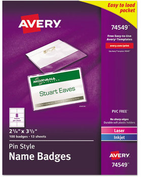 Avery® Name Badge Holder Kits with Inserts Pin-Style Laser/Inkjet Insert, Top Load, 3.5 x 2.25, White, 100/Box