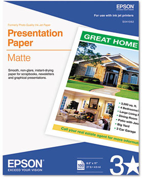 Epson® Matte Presentation Paper,  27 lbs., Matte, 8-1/2 x 11, 100 Sheets/Pack