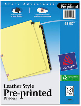 Avery® Preprinted Black Leather Tab Dividers with Copper Reinforced Holes w/Copper 31-Tab, 1 to 31, 11 x 8.5, Buff, Set