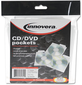 Innovera® CD Pocket CD/DVD Pockets, 1 Disc Capacity, Clear, 25/Pack