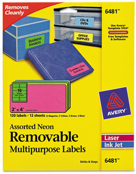 Avery® High-Visibility ID Labels High-Vis Removable Laser/Inkjet 2 x 4, Asst. Neon, 120/Pack