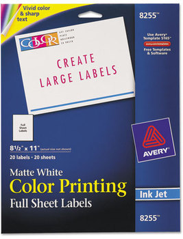 Avery® Vibrant Color Printing Mailing Labels Full-Sheet Inkjet Color-Print 8.5 x 11, Matte White, 20/Pack