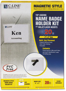C-Line® Magnetic Name Badge Holder Kit,  Horizontal, 4w x 3h, Clear, 20/Box