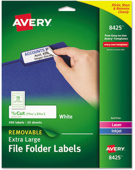 Avery® Removable File Folder Labels with Sure Feed® Technology 0.94 x 3.44, White, 18/Sheet, 25 Sheets/Pack