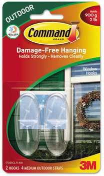 Command™ All Weather Hooks and Strips,  Plastic, Medium, 2 Hooks & 4 Strips/Pack