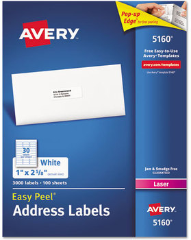 Avery® Easy Peel® White Address Labels with Sure Feed® Technology w/ Laser Printers, 1 x 2.63, 30/Sheet, 100 Sheets/Box