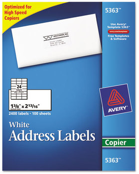 Avery® Copier Mailing Labels Copiers, 1.38 x 2.81, White, 24/Sheet, 100 Sheets/Box