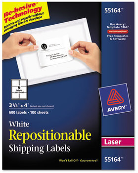 Avery® Repositionable Labels with Sure Feed® Technology Shipping w/SureFeed, Laser, 3.33 x 4, White, 600/Box