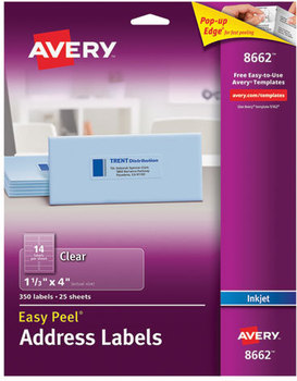 Avery® Matte Clear Easy Peel® Mailing Labels with Sure Feed® Technology w/ Inkjet Printers, 1.33 x 4, 14/Sheet, 25 Sheets/Pack