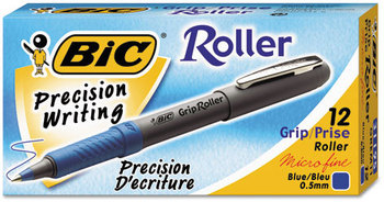 BIC® Grip Stick Roller Ball Pen,  Blue Ink, .5mm, Micro Fine, Dozen